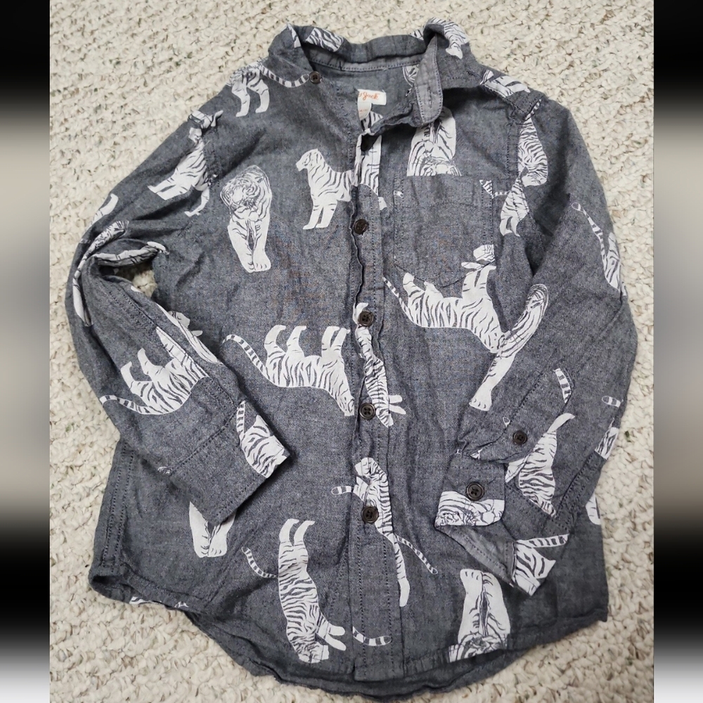 Gray Button-Up Shirt with White Tiger Print